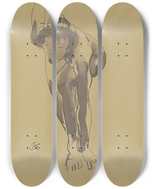 Triptych art skateboard deck of Georg Kolbe Weiblicher Akt Sich Bckend Nach Vorne Auf Den Boden Greifend by Georg Kolbe