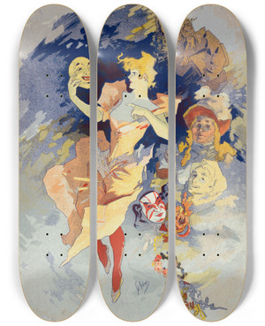 Triptych art skateboard deck of Jules Chret La Comdie by Jules Cheret (1836-1932)