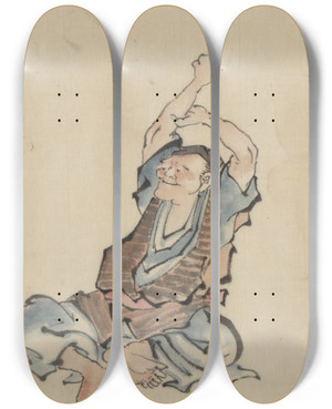Triptych art skateboard deck of Katsushika Hokusai A Man Facing Left Wearing Several Layers Of Clothing Sitting With Arms Raised Over His Head Practicing Yoga by Katsushika Hokusai (1760-1849) Triptych art skateboard deck of Katsushika Hokusai A Man Facing Left Wearing Several Layers Of Clothing Sitting With Arms Raised Over His Head Practicing Yoga by Katsushika Hokusai (1760-1849)