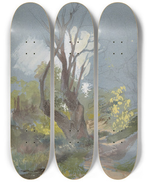 Triptych art skateboard deck of Friedrich Von Nerly Mountain Path With A Tree by Friedrich Von Nerly (1807-1878)