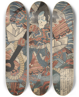 Triptych art skateboard deck of Utagawa Kunisada Toyokuni Iii Taira No Tomomori And The Anchor by Utagawa Kunisada (Toyokuni III) (1786-1865)