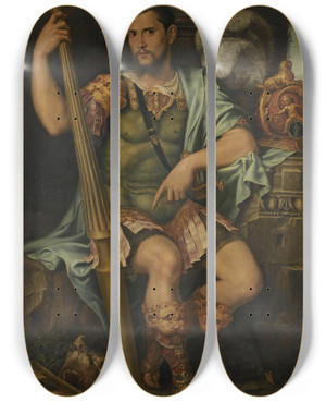 Triptych art skateboard deck of Francesco Primaticcio Portrait Of A Nobleman Presumed To Be Jean De Dinteville As St George by Francesco Primaticcio (1504-1570)