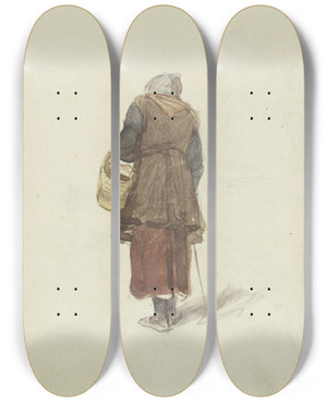 Triptych art skateboard deck of Jakob Frchtegott Dielmann Altes Frau Einen Korb Am Arm Und Einen Stock In Der Hand Von Hinten Gesehen by Jakob Furchtegott Dielmann (1809-1885)