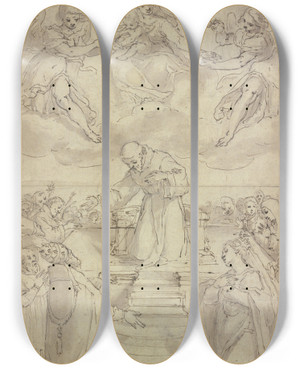 Triptych art skateboard deck of Ludovico Carracci Allegory Of The Cordons Of St Francis by Ludovico Carracci (1555-1619)