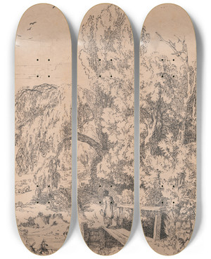 Triptych art skateboard deck of William Havell Landscape With Trees Girls Crossing Footbridge by William Havell (1782-1857)