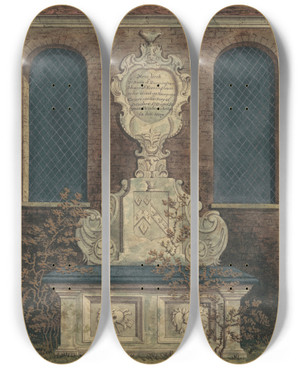 Triptych art skateboard deck of Daniel Lysons Tomb Of Hunting Shaw From Hampton Churchyard by Daniel Lysons (1762-1834)