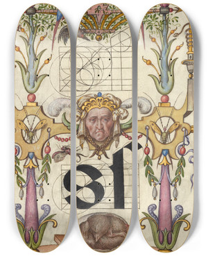 Triptych art skateboard deck of Joris Hoefnagel Guide For Constructing The Letter S_1 by Joris Hoefnagel (1542-1600)