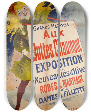 Triptych art skateboard deck of Jules Chret Aux Buttes Chaumont by Jules Cheret (1836-1932)