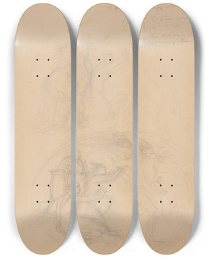 Triptych art skateboard deck of Jzef Simmler Sketch Of The King Figure For The Painting Death Of Barbara Radziwi Nude by Jozef Simmler (1823-1868)