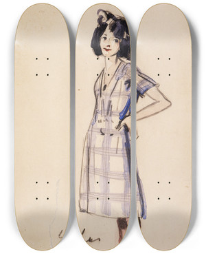 Triptych art skateboard deck of George Luks Girl In Checkered Dress by George Luks (1866-1933)