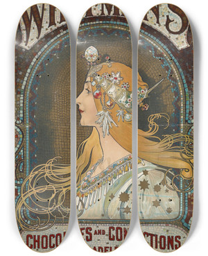 Triptych art skateboard deck of Alphonse Mucha Whitmans Chocolates And Confections Philadelphia by Alphonse Mucha (1860-1939)