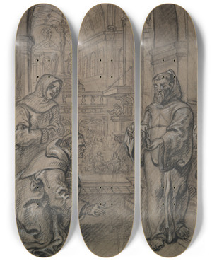 Triptych art skateboard deck of Circle Of Erasmus Quellinus Ii St Francis Of Paula Holding Live Coal In Hishands by Circle Of Erasmus Quellinus Ii (1607-1678)