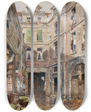 Triptych art skateboard deck of Henri Berthaut Cour Dune Maison Ancienne 25 Rue Du Jour by Henri Berthaut (1848-1937)