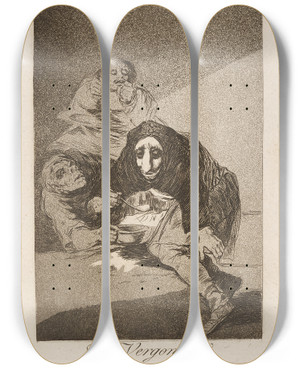 Triptych art skateboard deck of Francisco De Goya El Vergonzoso The Shamefaced One by Francisco de Goya (1746-1828)