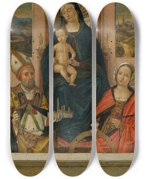 Triptych art skateboard deck of Bernardino Di Bosio Zaganelli The Madonna And Child Enthroned With Saints Petronius And Catherine Of Alexandria by Bernardino Di Bosio Zaganelli (1470-1510)