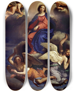 Triptych art skateboard deck of Guercino Assumption Of The Virgin by Guercino (1591-1666)