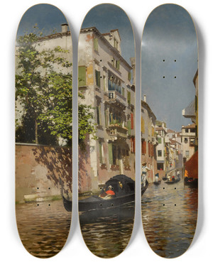 Triptych art skateboard deck of Rubens Santoro A Venetian Canal_2 by Rubens Santoro (1859-1942)