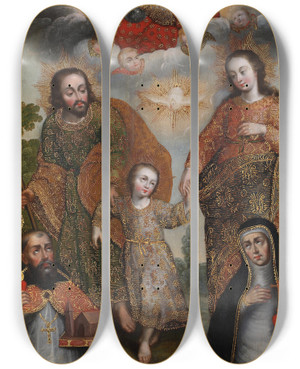 Triptych art skateboard deck of Cusco School Double Trinity With Saint Augustine And Saint Catherine Of Siena by Cusco School