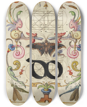 Triptych art skateboard deck of Joris Hoefnagel Guide For Constructing The Ligature Do by Joris Hoefnagel (1542-1600)