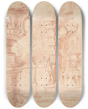 Triptych art skateboard deck of Gillesmarie Oppenord Study For A Garden Capriccio by Gilles Marie Oppenord (1672-1742)