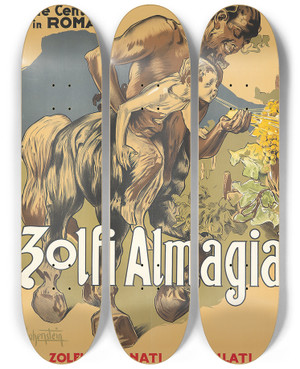 Triptych art skateboard deck of Adolfo Hohenstein Zolfi Almagia by Adolfo Hohenstein (1854-1928)