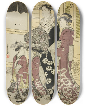 Triptych art skateboard deck of Chbunsai Eishi Komurasaki Of The Kadotamaya With Attendants Hatsune And Utano by Chobunsai Eishi (1756-1829)