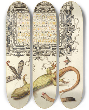 Triptych art skateboard deck of Joris Hoefnagel Scorpionfly Insect Lizard And Insect Larva by Joris Hoefnagel (1542-1600)