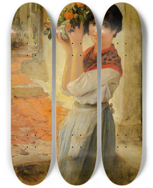 Triptych art skateboard deck of Frederick Arthur Bridgman Young Nioise With A Basket by Frederick Arthur Bridgman (1847-1928)