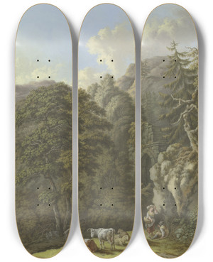 Triptych art skateboard deck of Karl Franz Kraul Waldige Berglandschaft Mit Einem Alten Tor Und Einer Viehherde In Einer Lichtung by Karl Franz Kraul (1754-1796)
