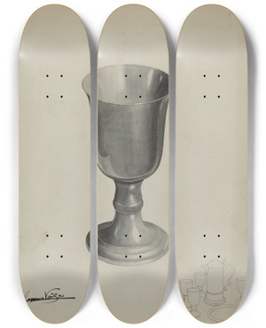 Triptych art skateboard deck of James Vail Pewter Chalice by James Vail