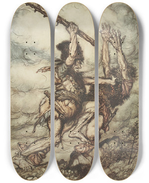 Triptych art skateboard deck of Arthur Rackham Fafner Kills Fasolt by Arthur Rackham (1867-1939)