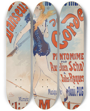 Triptych art skateboard deck of Jules Chret La Danseuse De Corde by Jules Cheret (1836-1932)