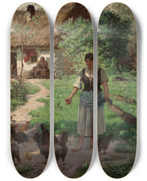Triptych art skateboard deck of Aleksander Mroczkowski Village Girl Feeding Hens by Aleksander Mroczkowski (1850-1927)