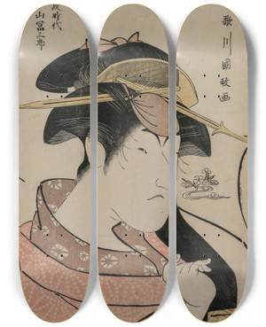 Triptych art skateboard deck of Utagawa Kunimasa Portrait Of The Actor Nakayama Tomisaburo As A Woman by Utagawa Kunimasa (1773-1810)