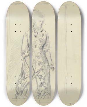 Triptych art skateboard deck of Otto Scholderer Lady With Fan_1 by Otto Scholderer (1834-1902)