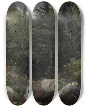Triptych art skateboard deck of Jasper Francis Cropsey Trees And A Stream On A Hillside by Jasper Francis Cropsey (1823-1900)
