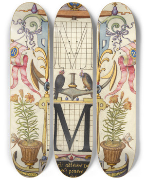 Triptych art skateboard deck of Joris Hoefnagel Guide For Constructing The Letter M by Joris Hoefnagel (1542-1600)