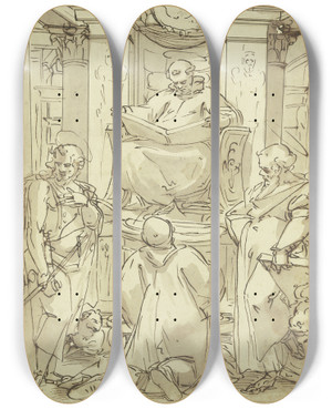 Triptych art skateboard deck of Luca Cambiaso Der Heilige Benedikt Mit Aufgeschlagenem Buch Auf Einem Postament Vor Aedicula Und Kuppelansatz Sitzend Neben Ihm Die Heiligen Johannes Der Tufer Und Lukas by Luca Cambiaso (1527-1585)