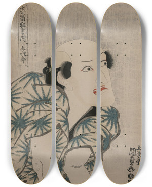 Triptych art skateboard deck of Utagawa Kunisada Toyokuni Iii Nakamura Utaemon Iii As The Monkey Trainer Yojiro From The Series Famous Kabuki Plays by Utagawa Kunisada (Toyokuni III) (1786-1865)