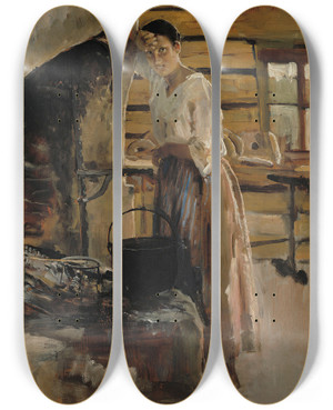 Triptych art skateboard deck of Akseli Gallenkallela Woman Cooking Whitefish by Akseli Gallen Kallela (1865-1931)