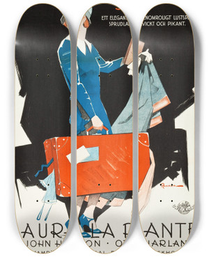Triptych art skateboard deck of Eric Rohman Silk Stockings by Eric Rohman (1891-1949)