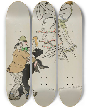 Triptych art skateboard deck of Georges Goursat Sem Des Gots Et Des Couleurs by Georges Goursat (Sem) (1863-1934)