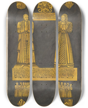Triptych art skateboard deck of Daniel Lysons Brass Plate For Dr James Goode And His Wife Joan Daughter Of Edward Clinton West Drayton Church by Daniel Lysons (1762-1834)