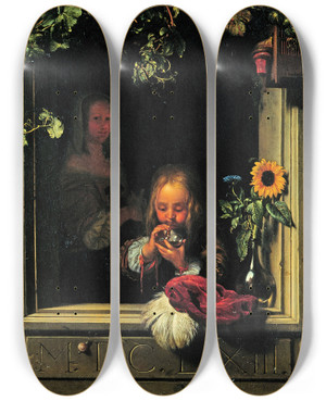 Triptych art skateboard deck of Frans Van Mieris The Elder Boy Blowing Bubbles by Frans Van Mieris The Elder (1635-1681)