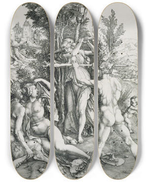 Triptych art skateboard deck of Albrecht Drer The Combat Of Vitue And Pleasure In The Presence Of Hercules by Albrecht Durer (1471-1528)
