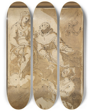 Triptych art skateboard deck of Juan Martn Cabezalero St Francis Interceding With The Virgin On Behalf Of A Female Saint by Juan Martin Cabezalero (1633-1673)