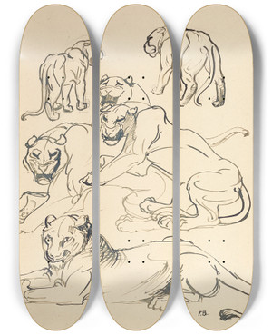 Triptych art skateboard deck of Franz Barwig The Elder Sechs Pumas by Franz Barwig The Elder (1868-1931)