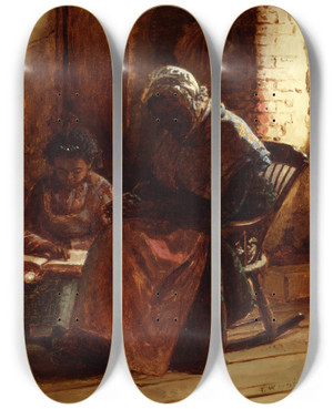 Triptych art skateboard deck of Thomas Waterman Wood Sunday Morning_1 by Thomas Waterman Wood (1823-1903)