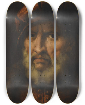 Triptych art skateboard deck of Pietro Della Vecchia Head Of A Bearded Man Wearing A Red Cap And Red Shirt by Pietro della Vecchia (1602-1678)