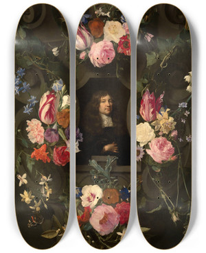 Triptych art skateboard deck of Gonzales Coques Portrait Of A Man In A Guirland by Gonzales Coques (1614-1684)